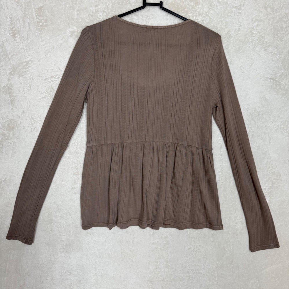 Taupe Brown Ribbed Lace Babydoll Long Sleeve Top Womens Me Boho Henley Softgirl - Picture 2 of 5